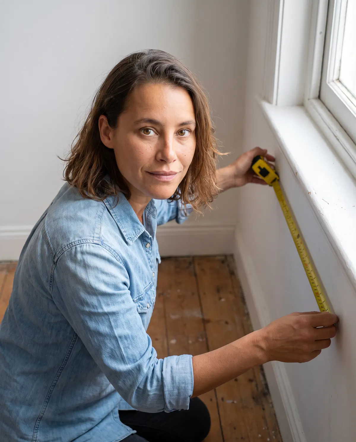 KI-generiertes Bild: Elena Marwitz misst mit dem Zollstock eine Wand aus