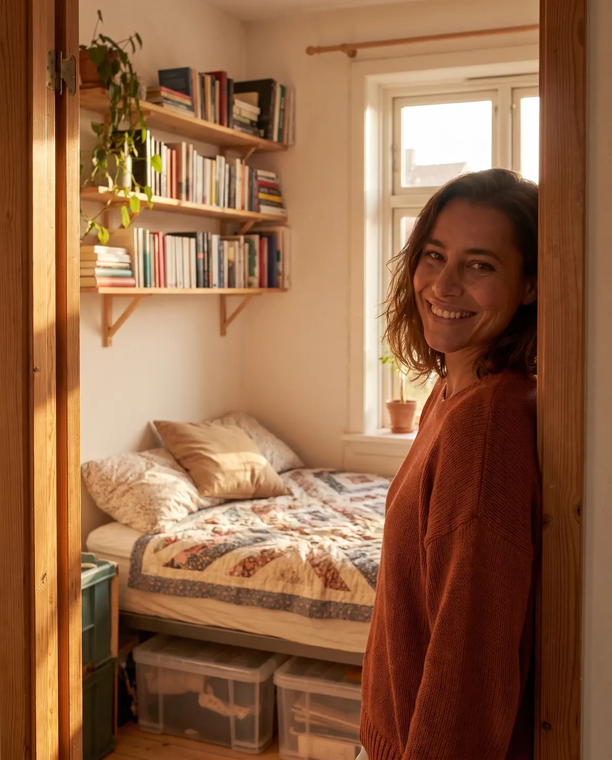KI-Visualisierung: Elena Marwitz in einem kleinen Schlafzimmer mit Regal – kein realer Raum